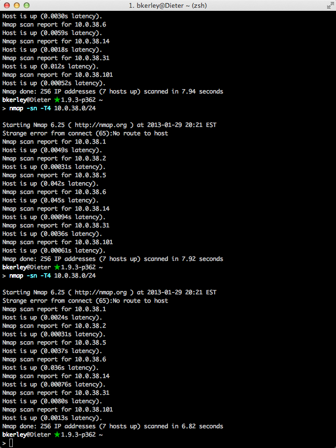 re-created screenshot of me repeatedly running nmap